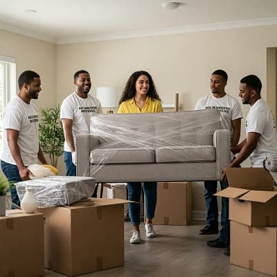team photo of abu muhammad movers with customer in dubai