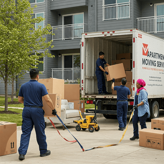 Abu Muhammad Movers packing glassware in branded boxes inside a Dubai high-rise near Marina