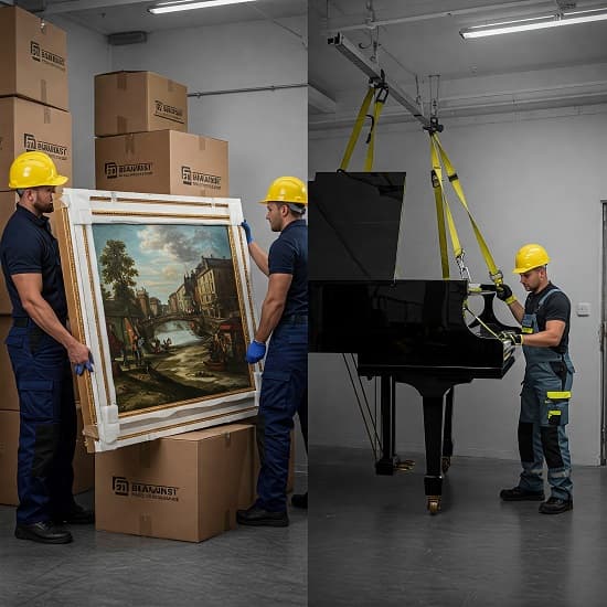 Fine art and piano movers in Dubai crating artwork and lifting a grand piano
