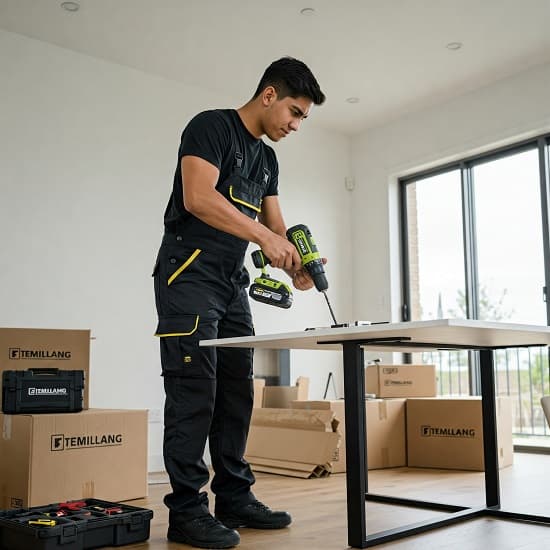 Furniture assembly in Dubai: mover using drill to build table with branded crates nearby