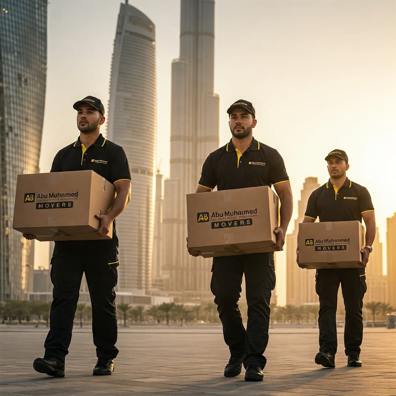Abu Muhammad Movers home moving Dubai: three movers in black and yellow carrying branded boxes against Dubai skyline at sunset