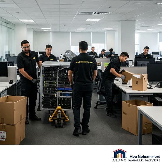 Office relocation Dubai: Abu Muhammad Movers staff rolling server rack and disassembling desks