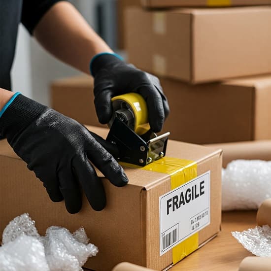 Close-up of hands sealing a yellow-taped ‘Fragile’ box with bubble-wrap and branded tape