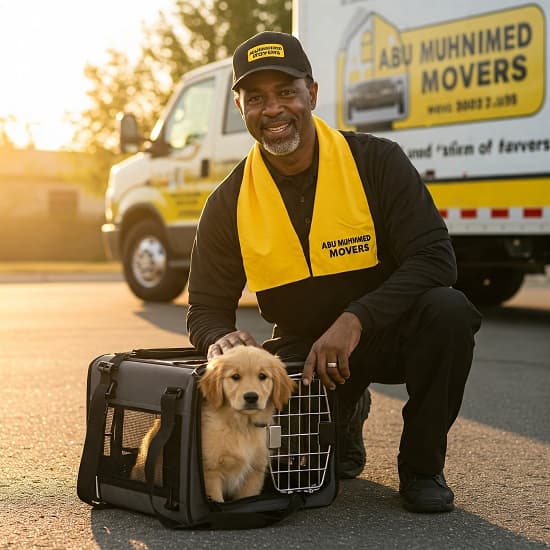 Pet relocation Dubai: mover with puppy in branded yellow carrier beside car transport trailer