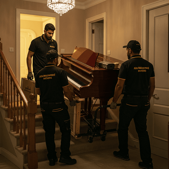three movers moving piano from home to truck in dubai