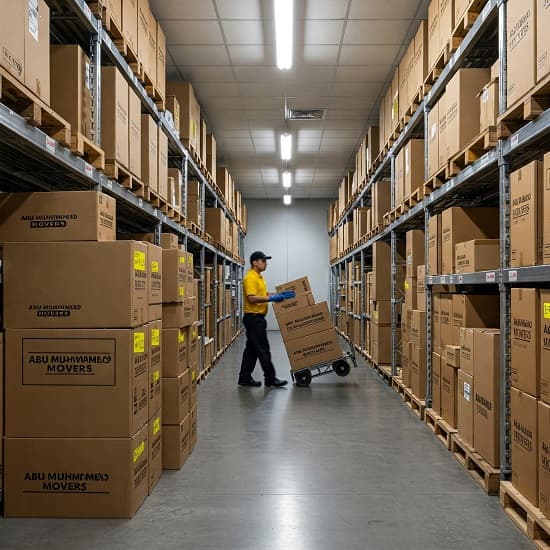 Secure climate-controlled storage unit with branded boxes and mover with cart