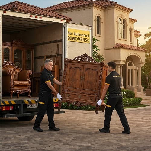 Villa movers Dubai by Abu Muhammad Movers loading wooden furniture onto a black-and-yellow moving truck