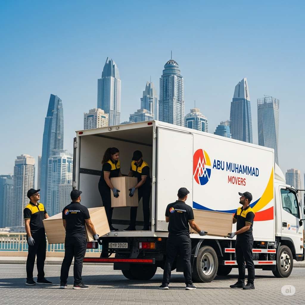 Professional local movers in Dubai from Abu Muhammad Movers loading furniture into branded moving truck near Dubai skyline