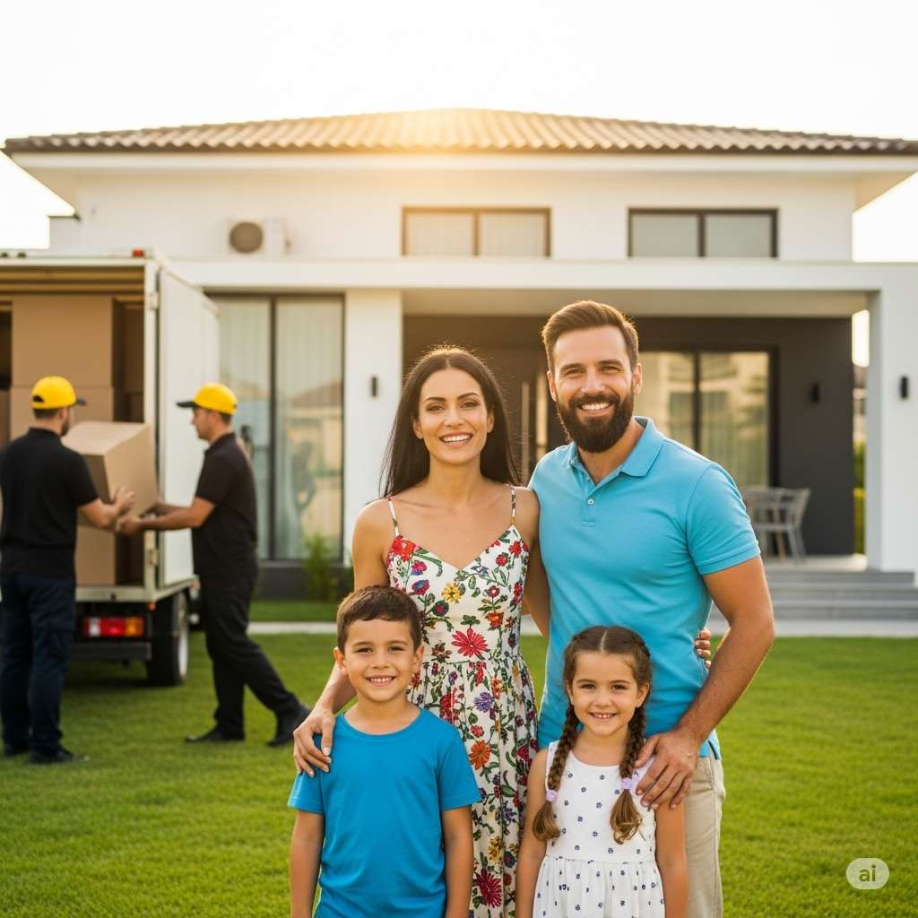 Happy family moving into new villa in Dubai with the help of Abu Muhammad Movers team unloading boxes