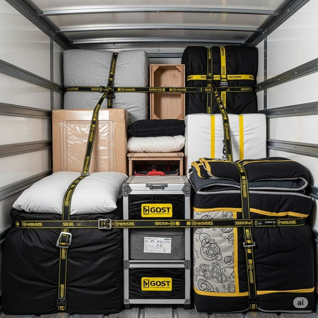 Interior of Abu Muhammad Movers truck showing professionally packed items with straps and protective padding in Dubai