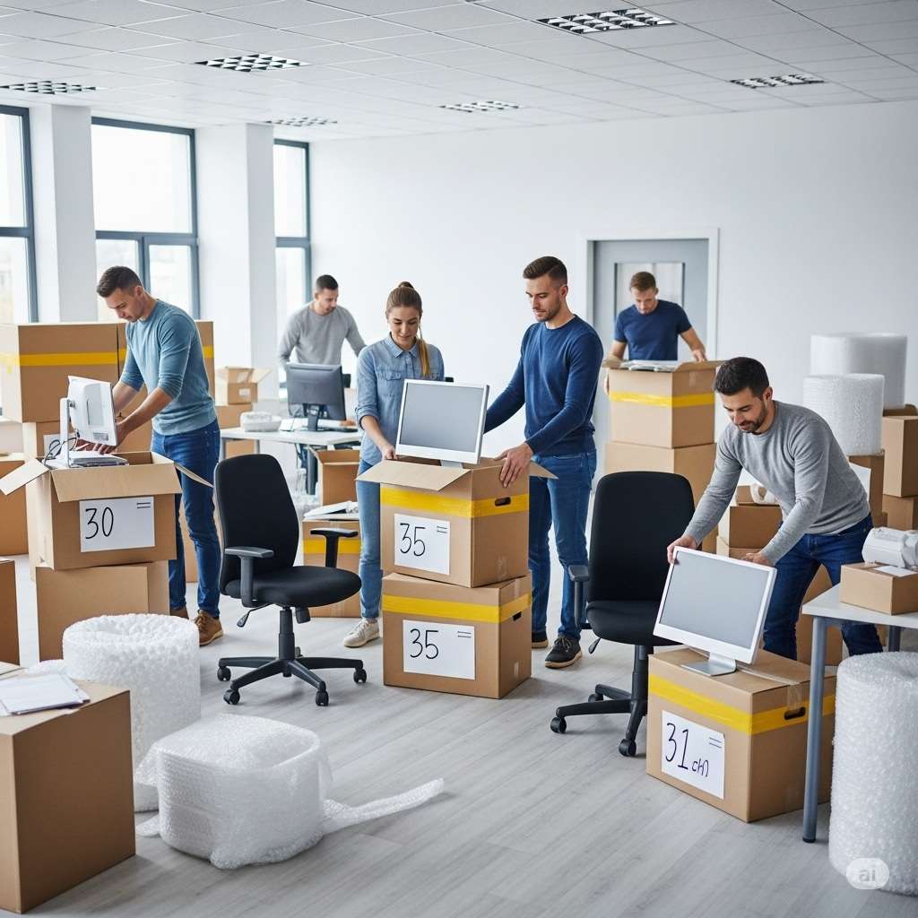 Office relocation in Dubai with Abu Muhammad Movers packing computers and office chairs for business move