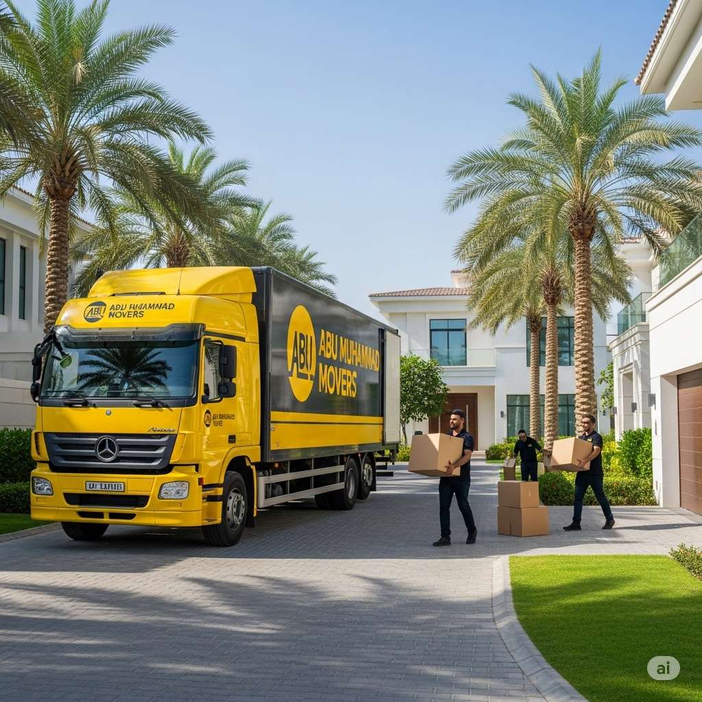 Yellow and black Abu Muhammad Movers truck outside a villa in Dubai Hills during home moving service