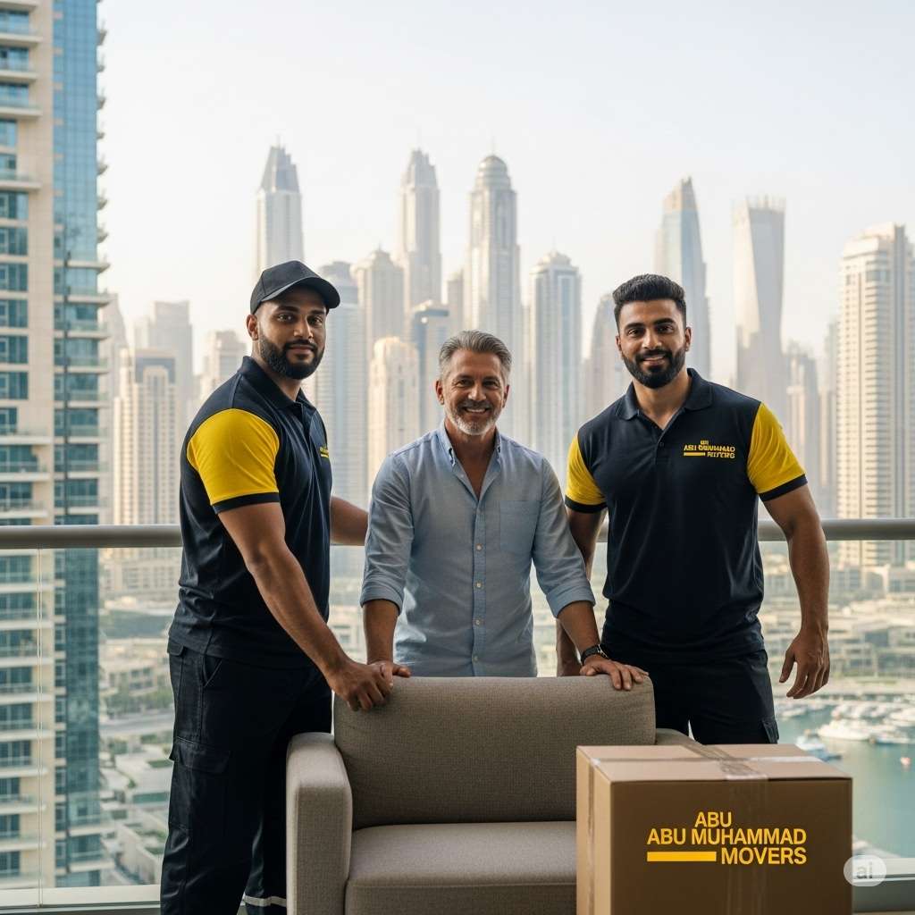 Customer posing with Abu Muhammad Movers team after a successful move in Dubai.
