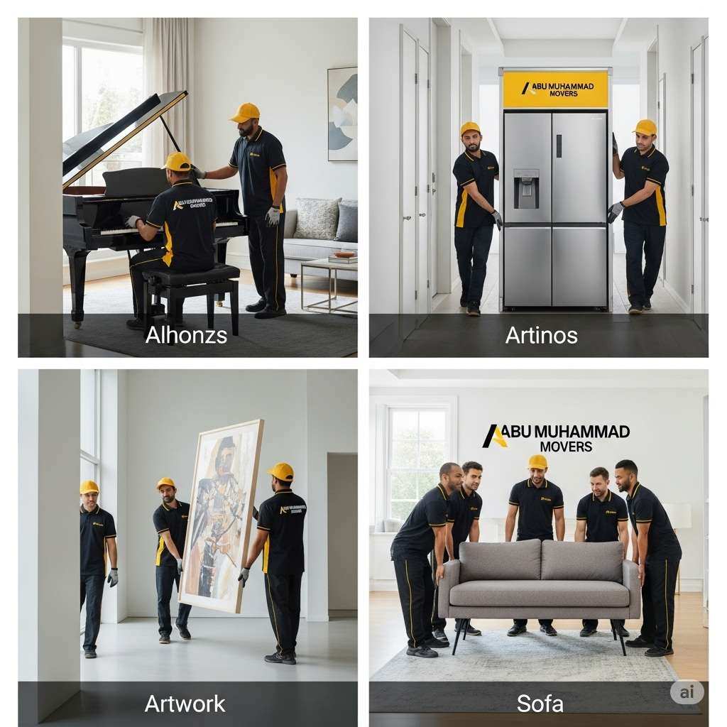 Collage of single items moved by Abu Muhammad Movers: piano, fridge, sofa, and artwork.