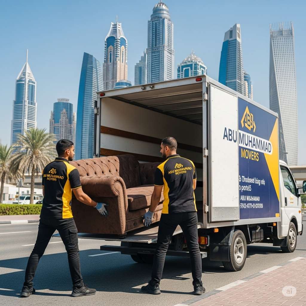 Abu Muhammad Movers team loading a single sofa into a moving truck in Dubai.